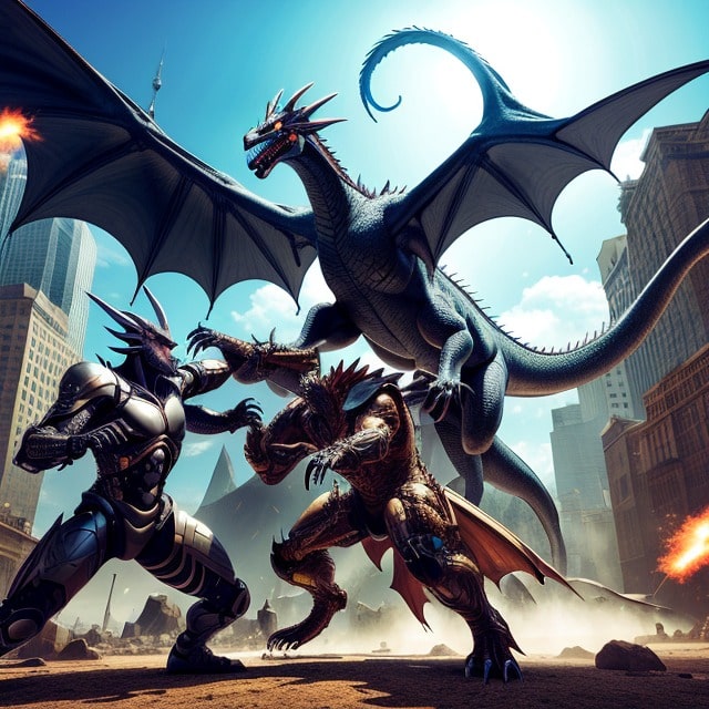 A Dragon and a Cyborg fighting in a futuristic world